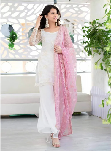 [sku01360] Kurta blanca con dupatta de hilo grueso (conjunto de 3)