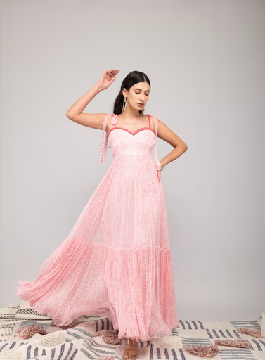 [sku01377] Vestido maxi rosa pastel con estampado